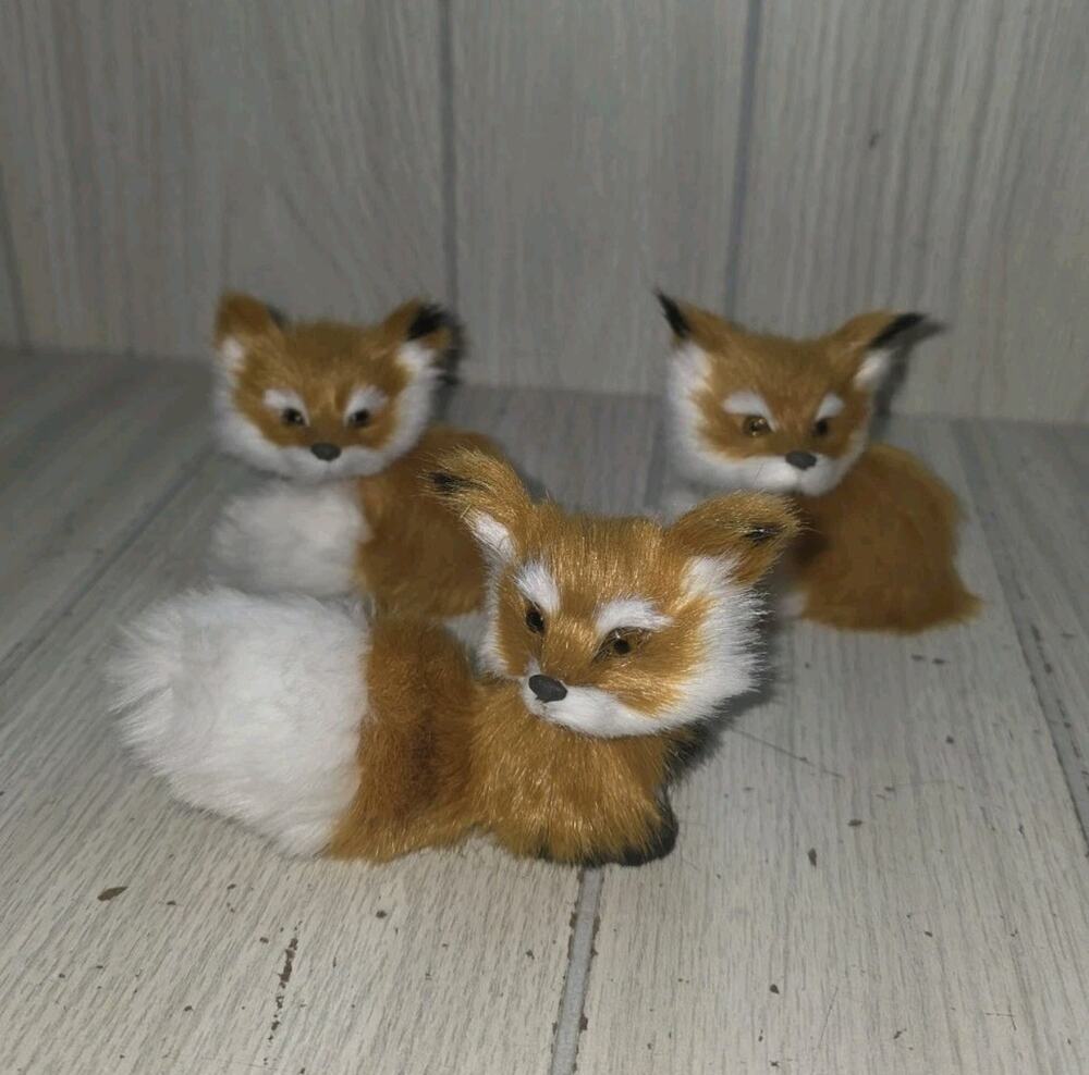 Realistic Faux Fur Red Fox Family Lot Of 3 Whimsical Forest Woodland Animals
